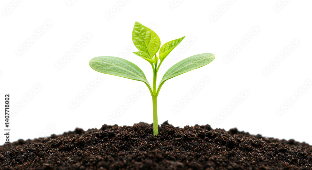Tiny sprout emerging from rich soil a symbol of new life and growth against a bright white Tiny sprout emerging from rich soil a symbol of new life and growth against a bright white