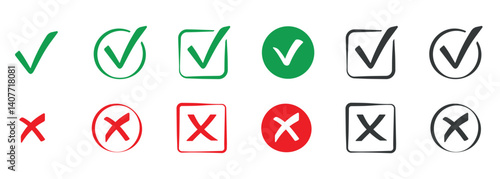 Vector set of icons, ticks V and crosses X on a white. Useful for a checklist, checkbox, list. Checkmark icons for selection - accept or reject, confirmation or rejection sign, agree and disagree mark