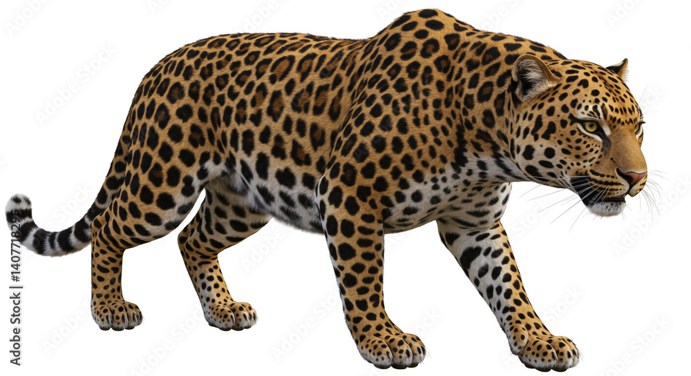 Majestic leopard prowling intense gaze detailed spots realistic rendering white background Majestic leopard prowling intense gaze detailed spots realistic rendering white background