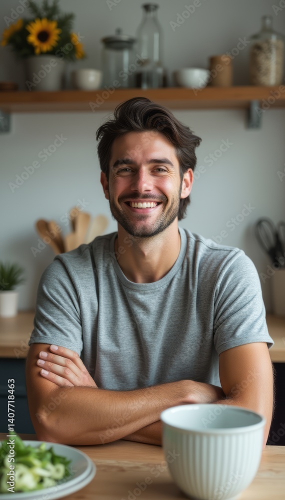 A joyful young man with a warm smile sits confidently in a bright kitchen, exuding happiness and positivity. Surrounded by fresh ingredients and a welcoming atmosphere, he embodies the spirit of A joyful young man with a warm smile sits confidently in a bright kitchen, exuding happiness and positivity. Surrounded by fresh ingredients and a welcoming atmosphere, he embodies the spirit of