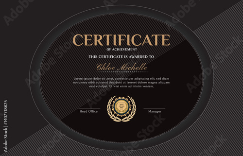 Elegant black and White diploma certificate template with luxury badge and modern line pattern. For award, business, and education needs. Use for print, certificate, diploma, graduation