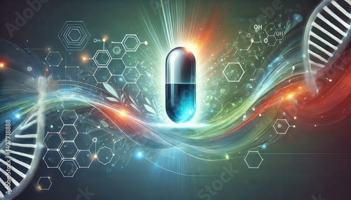 A futuristic digital illustration of an advanced pharmaceutical tablet surrounded by DNA strands, molecular structures and scientific data. Innovations in medical research and biotechnology