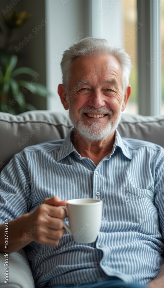 An elderly man with a joyful smile sits comfortably on a cozy couch, holding a steaming cup of coffee. The soft natural light streaming through the window enhances the warmth of the scene, creating a An elderly man with a joyful smile sits comfortably on a cozy couch, holding a steaming cup of coffee. The soft natural light streaming through the window enhances the warmth of the scene, creating a