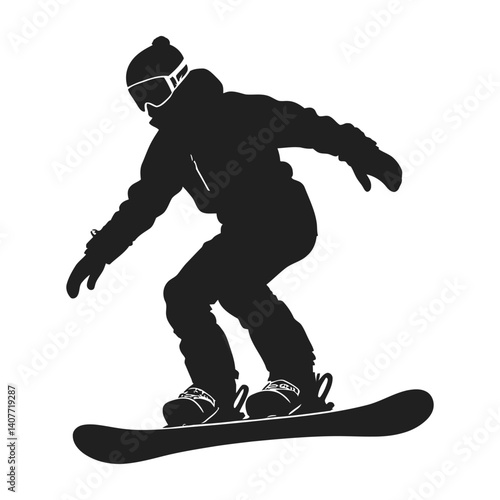 A bold, black silhouette of a female snowboarder mid-ride against a plain white background.