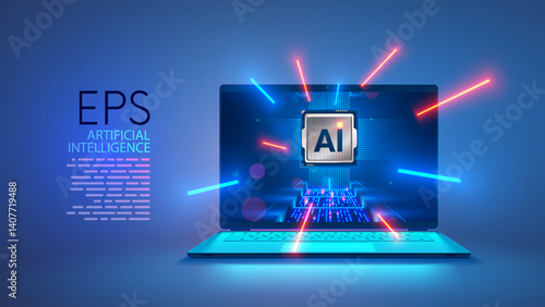 AI chip of laptop. CPU or chip electronic of laptop on screen. AI Processor of notebook. Engineering, develop electronic AI chip. Computer hardware technology. Laptop with artificial intelligence chip