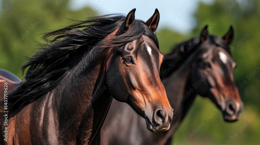 Fototapeta premium Two horses running in a field, heads and manes in focus, blurred forest background