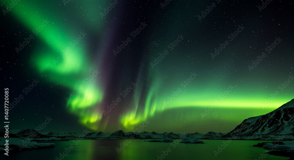 Mesmerizing Aurora Borealis dancing across a starlit Arctic sky reflecting on still waters Mesmerizing Aurora Borealis dancing across a starlit Arctic sky reflecting on still waters