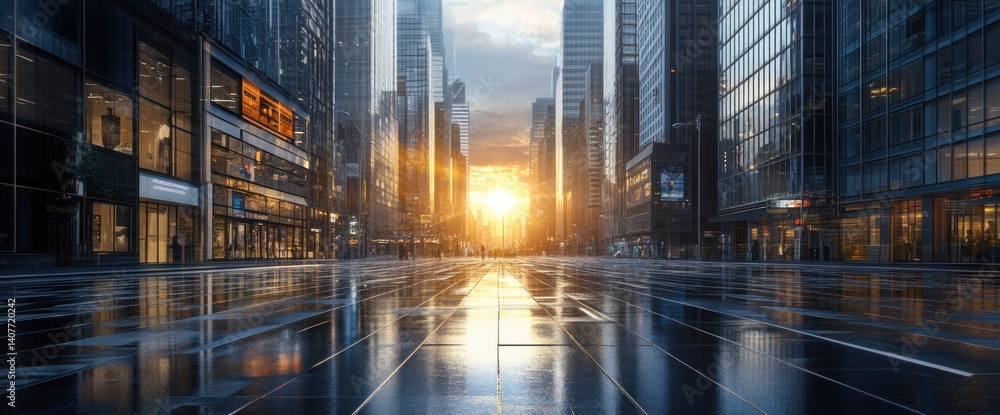The glowing sun sets behind tall buildings on a wet street The glowing sun sets behind tall buildings on a wet street