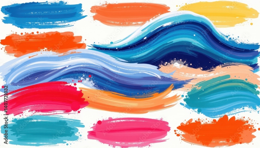 Vibrant Brush Strokes Illustrate a series of hand painted brush strokes in wave forms, using rich colors and a textured finish for a lively effect. Vibrant Brush Strokes Illustrate a series of hand painted brush strokes in wave forms, using rich colors and a textured finish for a lively effect.