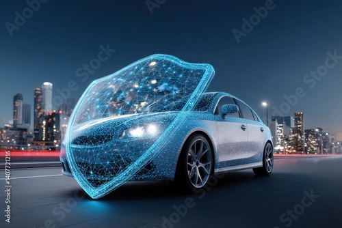 Car insurance accident estimate concept. A futuristic car protected by a glowing digital shield, set against a city skyline at night, symbolizing advanced technology and security.