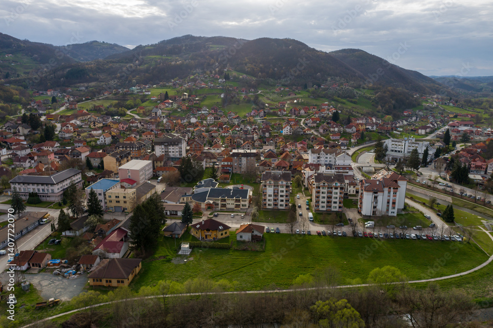 Naklejka premium Kosjeric aerial drone view of town in Serbia