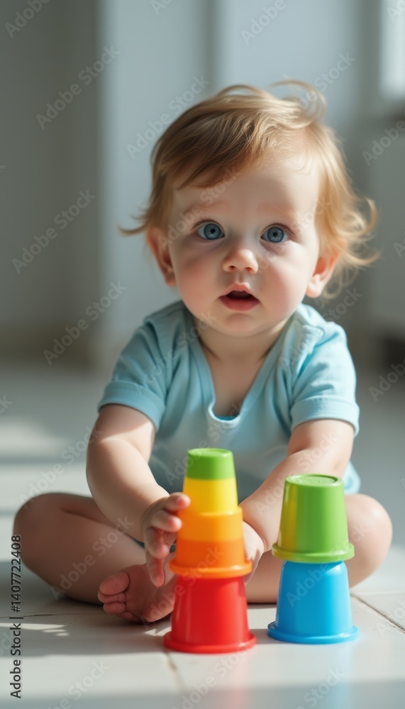 A delightful toddler with bright blue eyes sits on a sunlit floor, focused on stacking vibrant cups in a playful arrangement. The image captures the innocence and curiosity of childhood, showcasing A delightful toddler with bright blue eyes sits on a sunlit floor, focused on stacking vibrant cups in a playful arrangement. The image captures the innocence and curiosity of childhood, showcasing