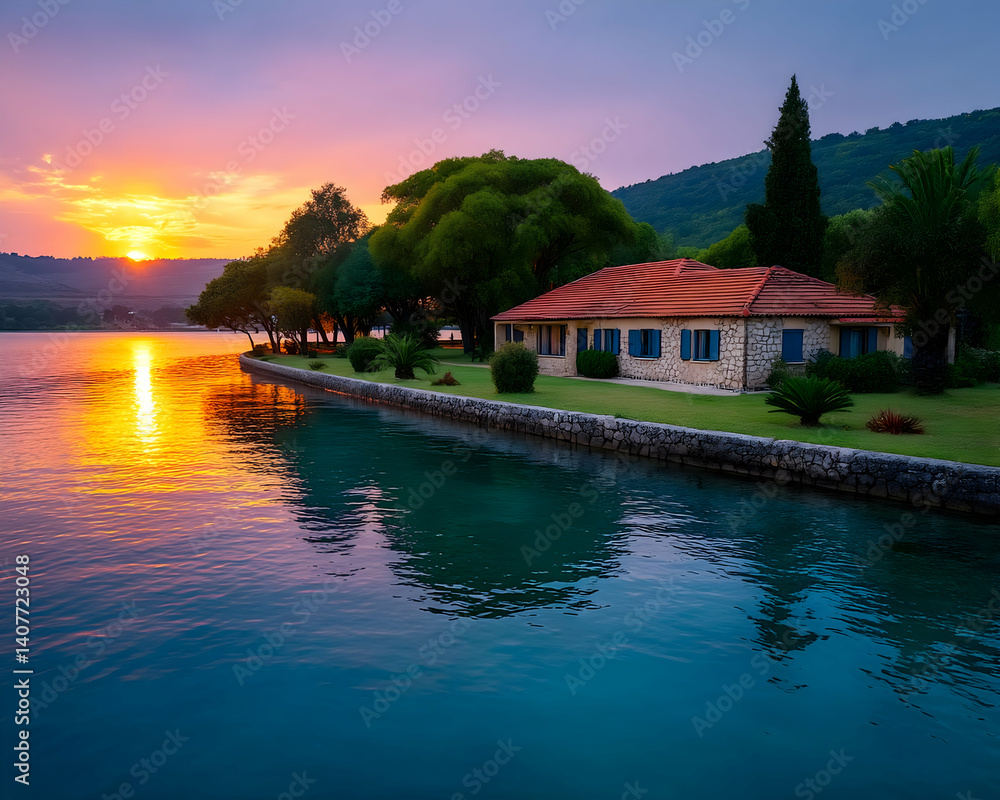 Fototapeta premium Sunset over calm water reflecting a lakeside house and lush greenery