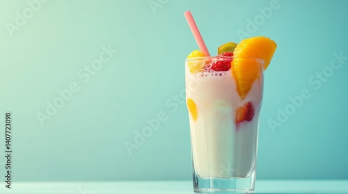 Obraz na płótnie A refreshing tropical smoothie in a clear glass. It features vibrant fruit slices and a cheerful straw. Perfect for a summer day or beach party. Generative AI w salonie