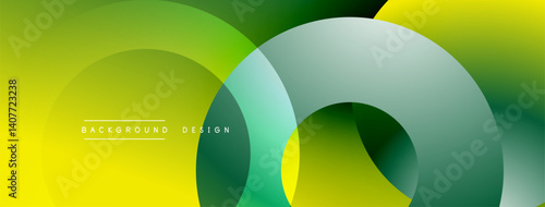 Abstract geometric composition. Overlapping circles create dynamic gradients, blending yellow, green hues. Modern design suitable for backgrounds, presentations.