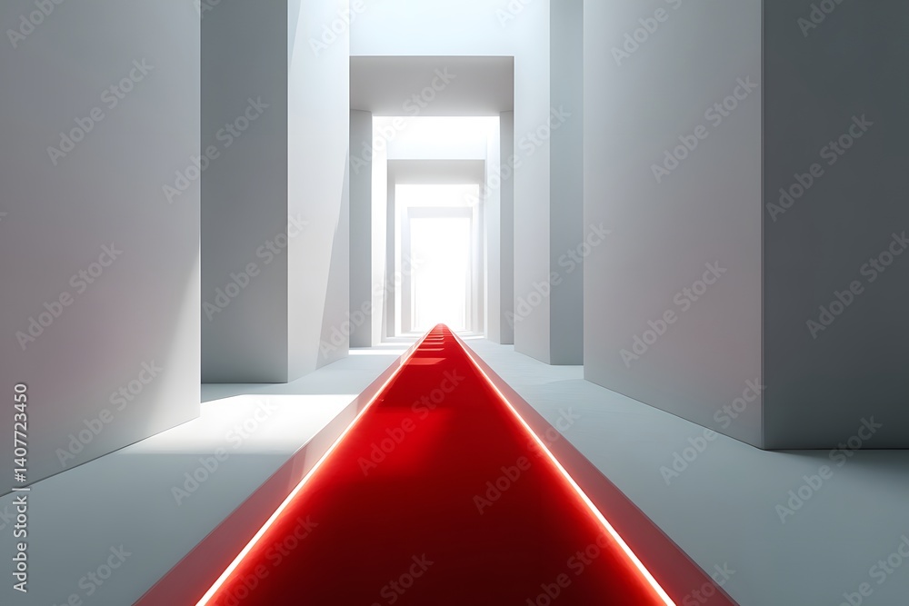 Obraz premium Modern Hallway with Red Carpet and Bright Light at the End