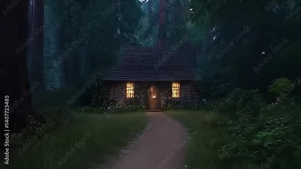 Walking the Forest Path to Cozy Cabin Home at Twilight Walking the Forest Path to Cozy Cabin Home at Twilight