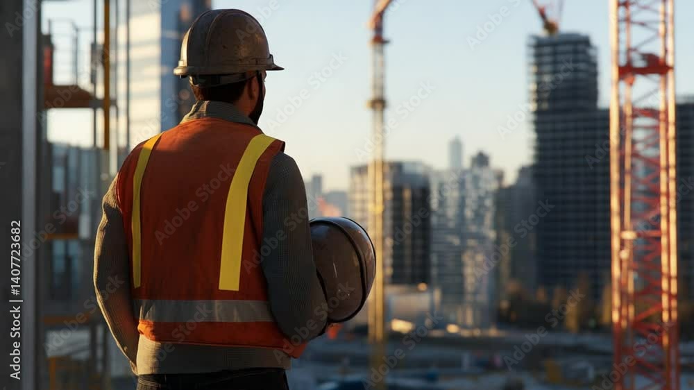 Construction worker overseeing city skyscraper development on a sunny day project Construction worker overseeing city skyscraper development on a sunny day project