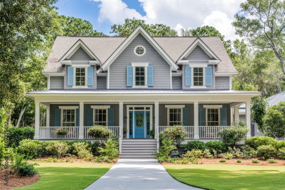 A beautiful large gray house with a blue front door A beautiful large gray house with a blue front door