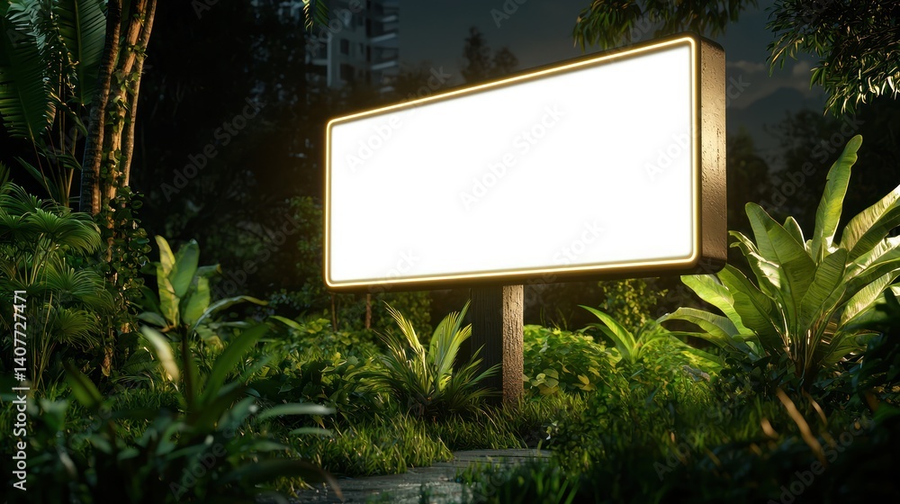 Fototapeta premium Empty billboard in tropical garden at night, urban background