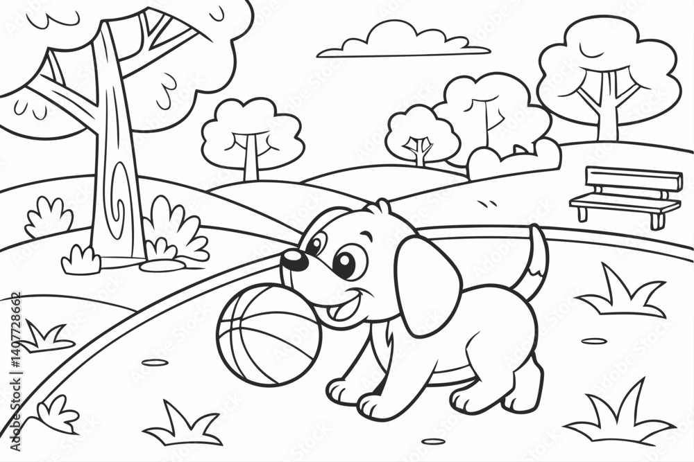 kids coloring page, a cute puppy playing ball in a park, cartoonish, friendly, thick outlines, no color kids coloring page, a cute puppy playing ball in a park, cartoonish, friendly, thick outlines, no color