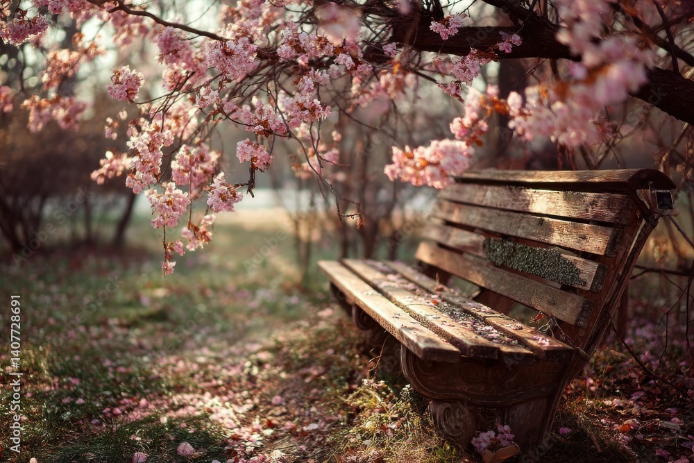 A tranquil park bench scene under blooming cherry blossoms, creating a serene and picturesque springtime landscape, perfect for relaxation and enjoying nature. A tranquil park bench scene under blooming cherry blossoms, creating a serene and picturesque springtime landscape, perfect for relaxation and enjoying nature.