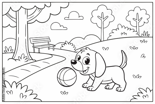 kids coloring page, a cute puppy playing ball in a park, cartoonish, friendly, thick outlines, no color