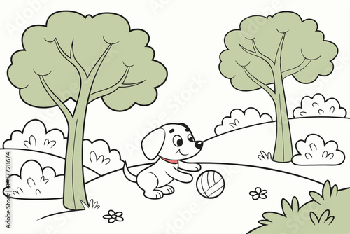 kids coloring page, a cute puppy playing ball in a park, cartoonish, friendly, thick outlines, no color