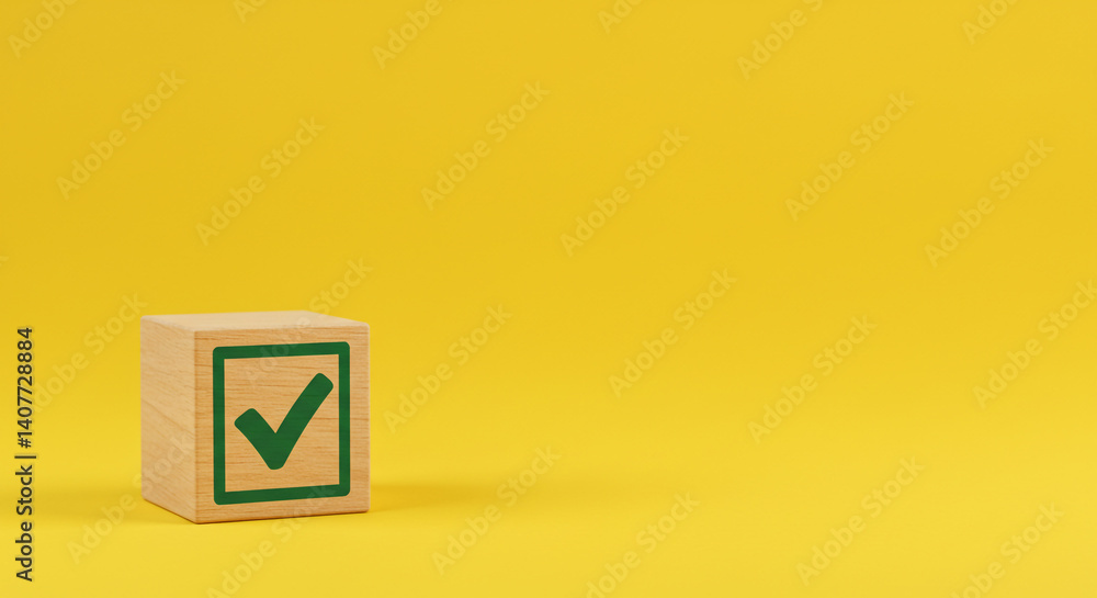 Wooden block with green checkmark on yellow background symbolizes completion success and achievement Wooden block with green checkmark on yellow background symbolizes completion success and achievement
