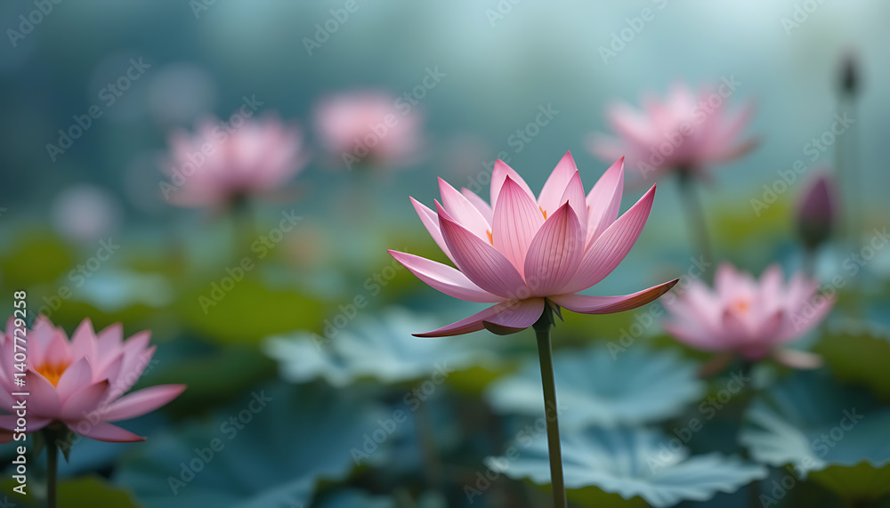 Fototapeta premium Serene Pink Lotus Flowers in a Calm Pond Nature's Tranquility