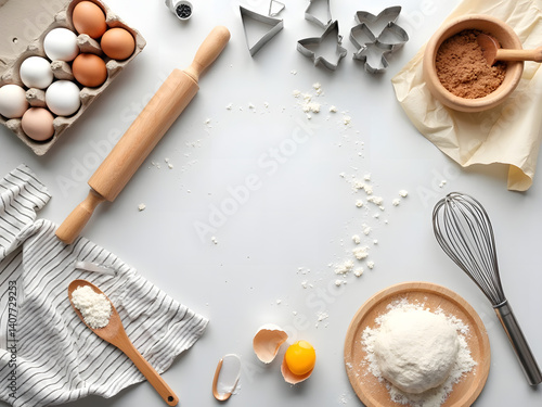Baking Christmas cookies with vintage wooden utensils on a white kitchen table offers a blank space for your favorite holiday recipe