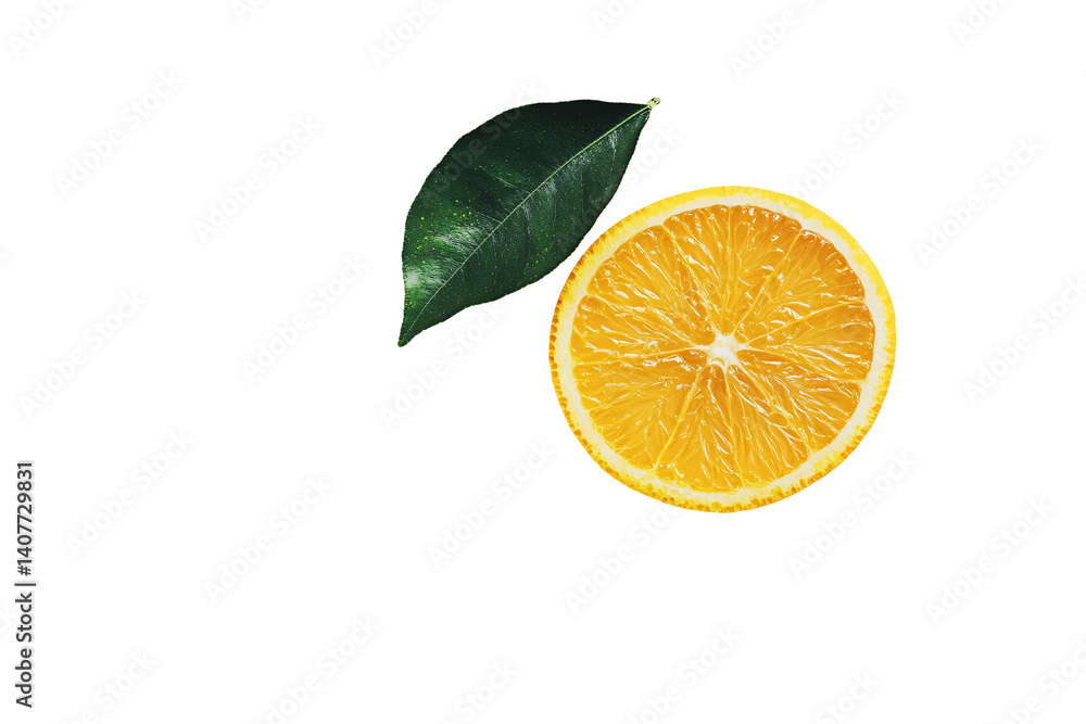 a slice of orange with a leaf a slice of orange with a leaf