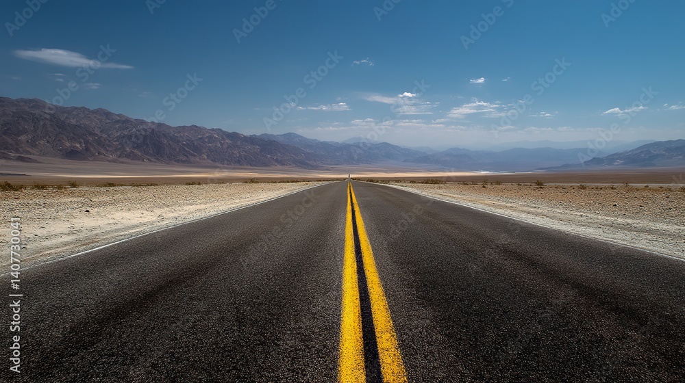 A long road winds through the desert with blue skies and white clouds. Ahead is the endless horizon and mountains in the distance, captured from behind with a wide-angle lens. A long road winds through the desert with blue skies and white clouds. Ahead is the endless horizon and mountains in the distance, captured from behind with a wide-angle lens.