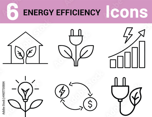 Six Simple Line Icons Representing Energy Efficiency. Vector illustration.