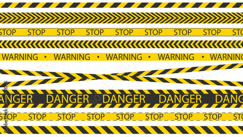 Tapes for fencing dangerous areas and warning about danger. Set of yellow and black striped tapes. Designation with the words stop, danger, warning. Vector elements
