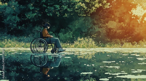 Serene Reflection of a Young Individual in a Wheelchair Overlooking a Calm Lake Surrounded by Lush Greenery and Warm Sunlight in a Tranquil Setting