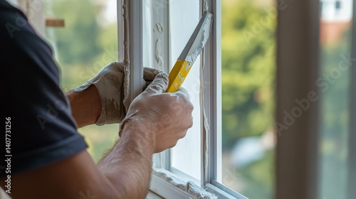 Construction worker sealing gaps around a window frame. Featuring detail and care