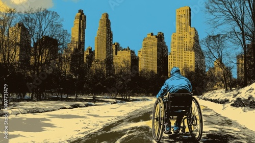 Urban Landscape: Individual in Wheelchair Overlooking City Skyline in Winter with Snow, Combining Nature's Beauty and Urban Architecture in a Unique Scene