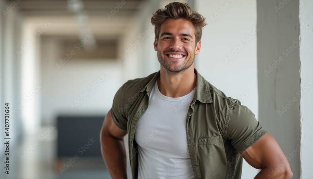 A charismatic young man with a charming smile stands confidently in a contemporary space, radiating positivity and warmth. His casual outfit and relaxed posture create an inviting atmosphere, perfect A charismatic young man with a charming smile stands confidently in a contemporary space, radiating positivity and warmth. His casual outfit and relaxed posture create an inviting atmosphere, perfect
