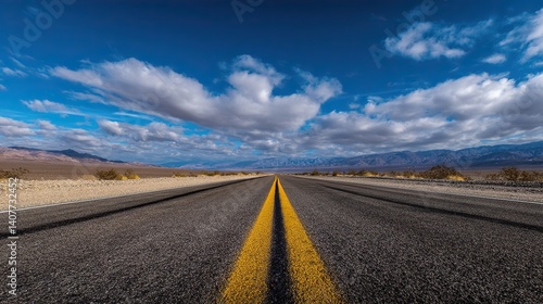 A long road winds through the desert with blue skies and white clouds. Ahead is the endless horizon and mountains in the distance, captured from behind with a wide-angle lens.