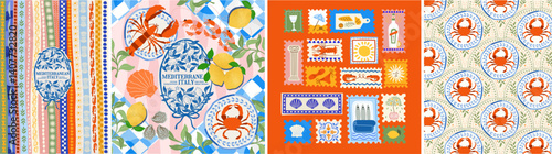 Mediterranean summer. Vector illustration of Amalfi, Italian cuisine, striped pattern, lobster, crab, lemon, postage stamps, shell for poster, background or textile