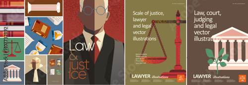 Law, lawyer and justice. Vector illustrations of scales of justice, judge, court, books, hourglass, column for poster, background, brochure or leaflet