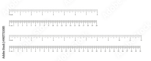 Inch and metric rulers set. Measuring tool template. Scale for ruler in centimeters, inches. Metrics indicator 20, 30 cm, 8, 12 inch. Inches, centimeters measuring scales. Measuring scales icon. 