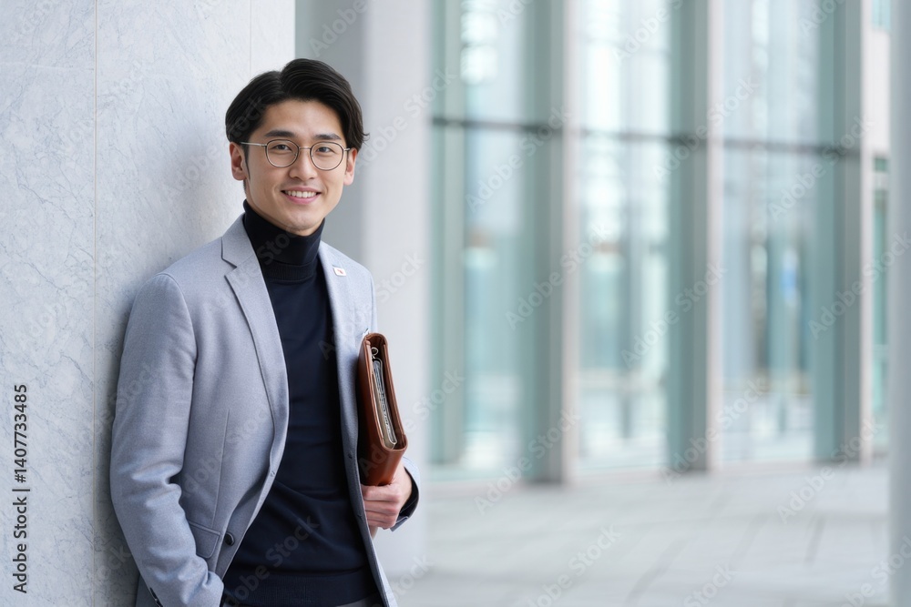 Young professional poses confidently in modern office setting showcasing style and sophistication in a bright, sleek environment Young professional poses confidently in modern office setting showcasing style and sophistication in a bright, sleek environment