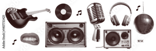 Retro disco Music karaoke halftone collage elements set. Metallic microphone, headphones, mouths, speakers. Trendy nostalgic dotted grunge vector illustration