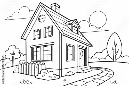 kids coloring page, a house with a chimney and big windows, cartoonish, friendly, thick outlines