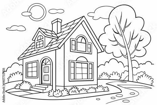 kids coloring page, a house with a chimney and big windows, cartoonish, friendly, thick outlines