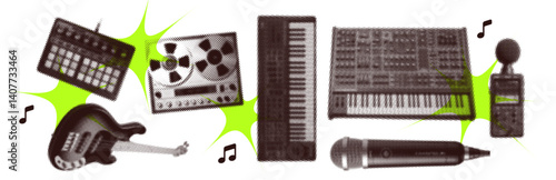 Synthesizer, hand microphone, electric guitar, reel-to-reel tape recorder set in retro collage style. Vector illustration with halftone effect and neon y2k elements. Vintage party items.