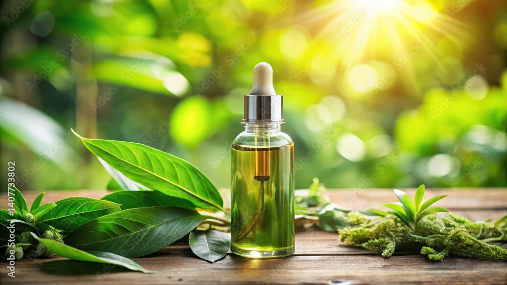 A close-up image of a bottle of facial serum with natural green tea extract, surrounded by lush greenery and serene natural elements , botanicals, serums A close-up image of a bottle of facial serum with natural green tea extract, surrounded by lush greenery and serene natural elements , botanicals, serums