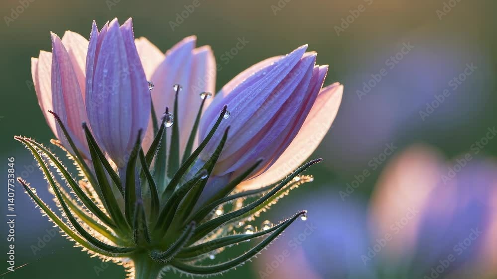 Close up macro view of blooming flower with morning dew, soft sunlight and gentle breeze creating peaceful natural scene of awakening nature Close up macro view of blooming flower with morning dew, soft sunlight and gentle breeze creating peaceful natural scene of awakening nature